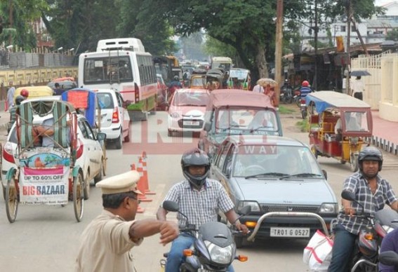 Narrow-broken road, lack of footpath, flyover delaying work causing unbelievable traffic jam at Agartala Narrow-broken road, lack of footpath, flyover delaying work causing unbelievable traffic jam at Agartala